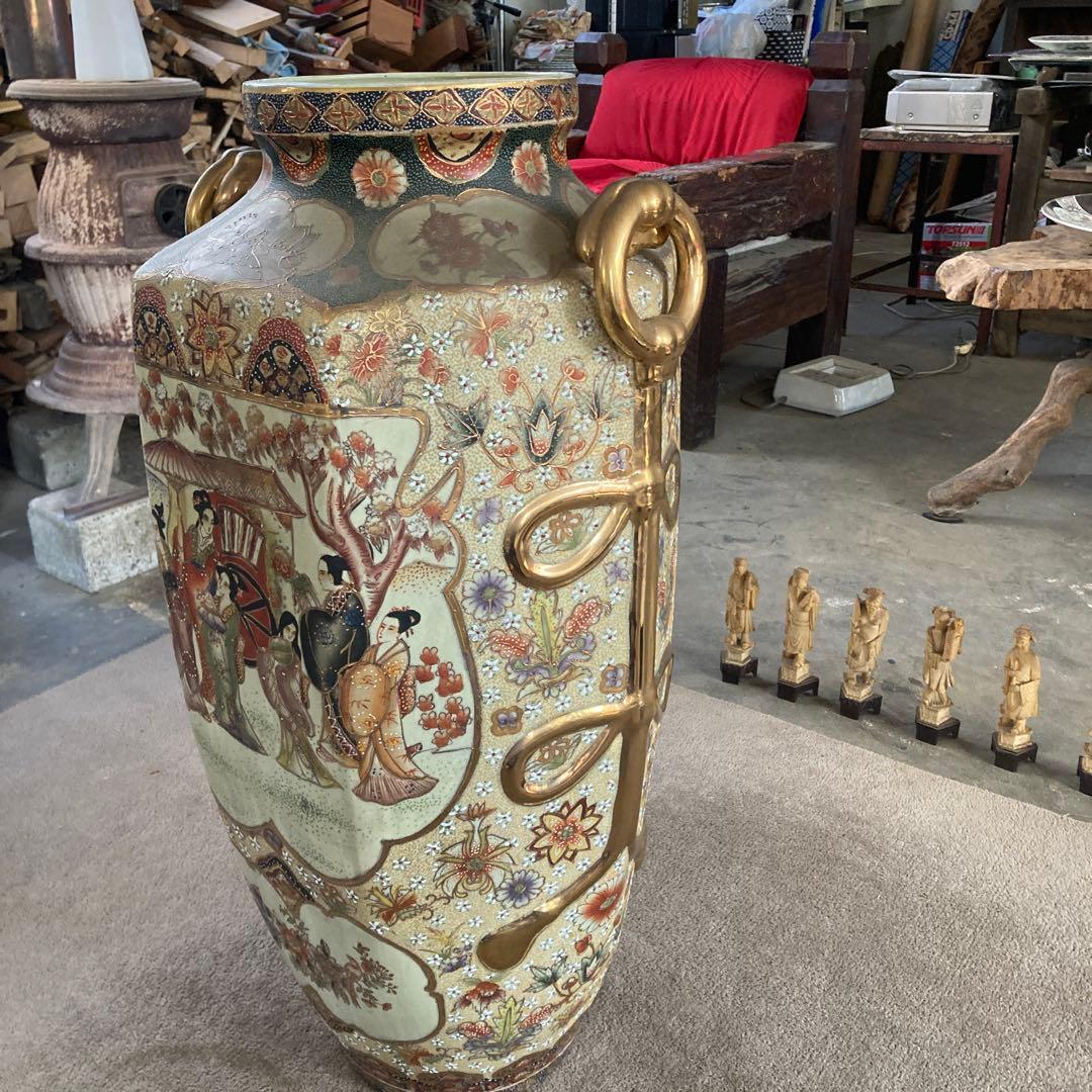 特大 薩摩焼 細密画大花瓶 耳付き 極彩色 高さ78cm アンティーク