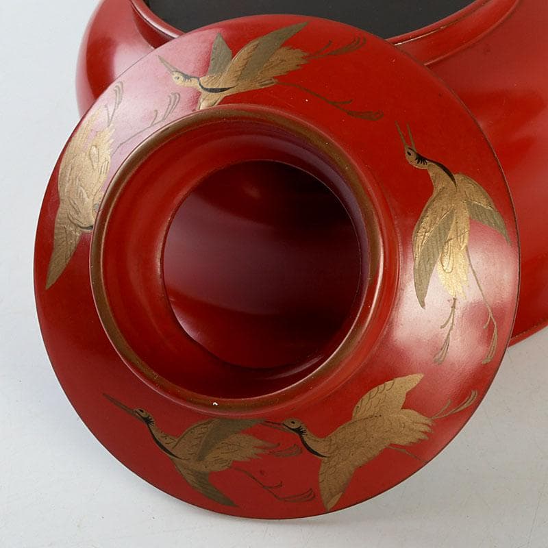 和食器　朱塗　鶴蒔絵　椀　盃　時代箱　V　9585