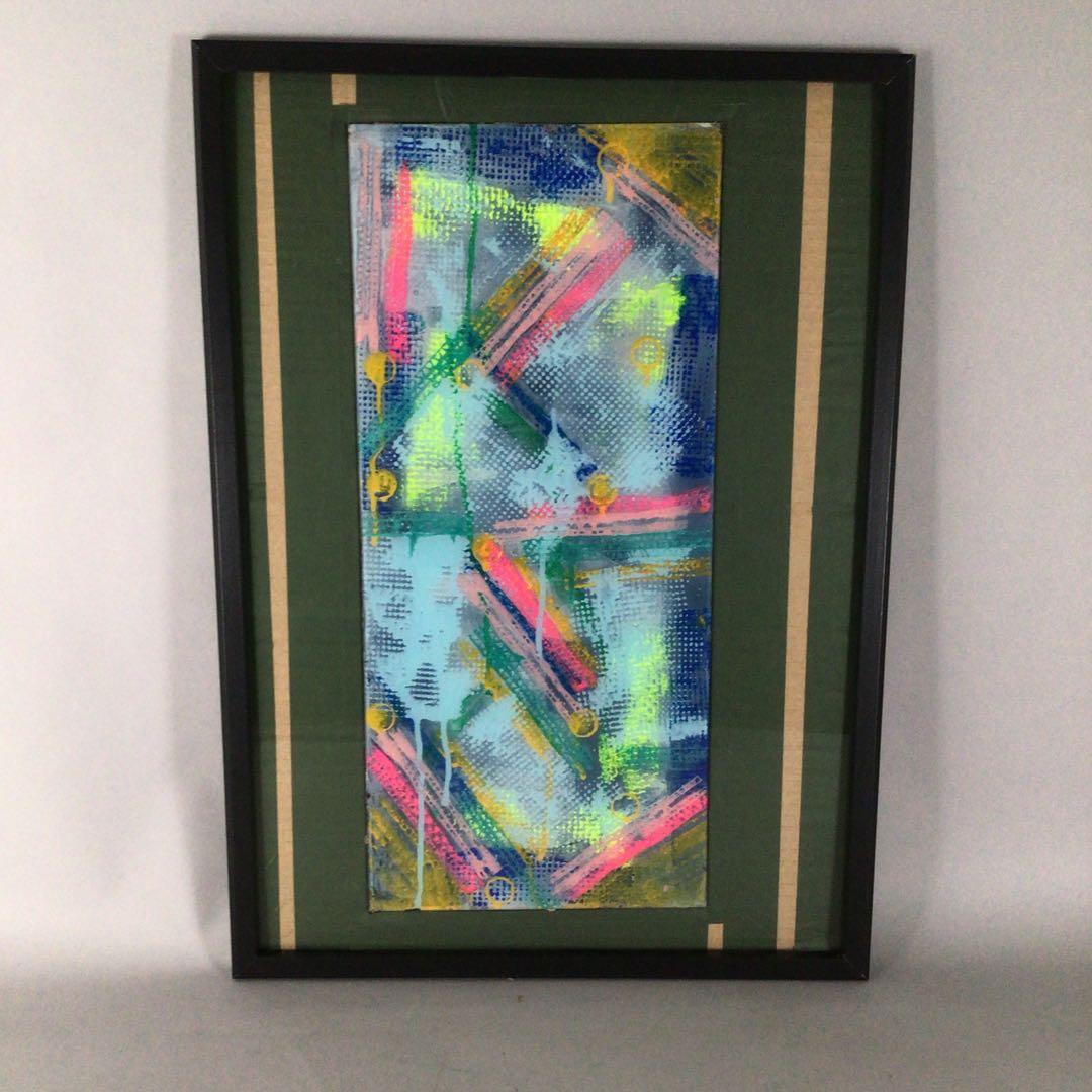 No3651 額装　作者不詳　抽象画　ガラス絵　紙箱付　絵画　アート　送料無料