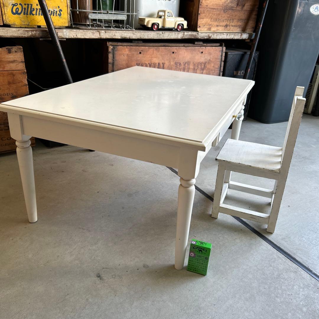 現行ビンテージ デスク & ミニ椅子 セット シャビー ホワイト ローテーブル