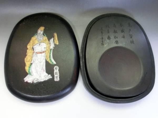 硯■曹國舅図端渓古硯 檀木箱付 萬戸管弦歌盛世 老坑 螺鈿象嵌八仙曹国舅 骨董■