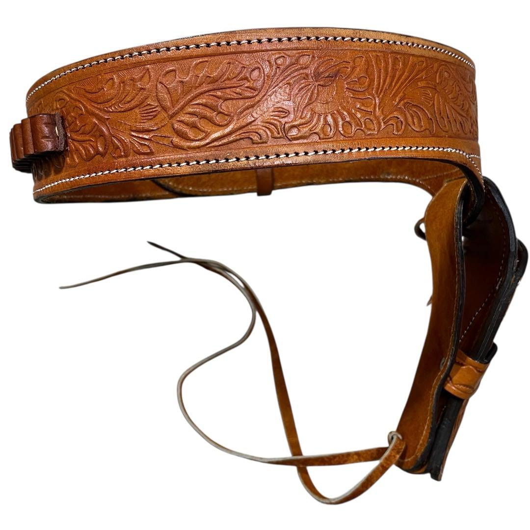 未使用級　カービングレザーガンベルト ナチュラルW最長約109cm最短約94cm