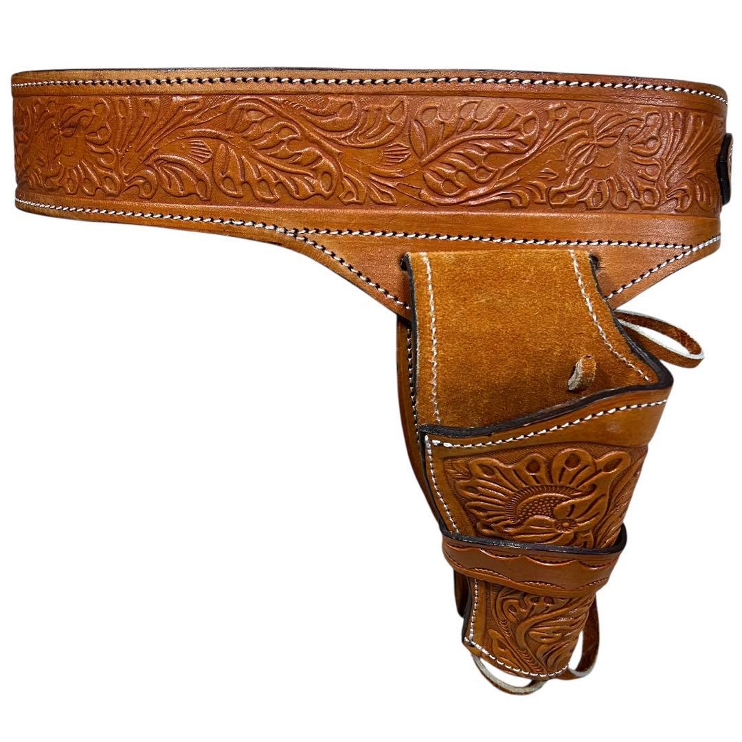 未使用級　カービングレザーガンベルト ナチュラルW最長約109cm最短約94cm