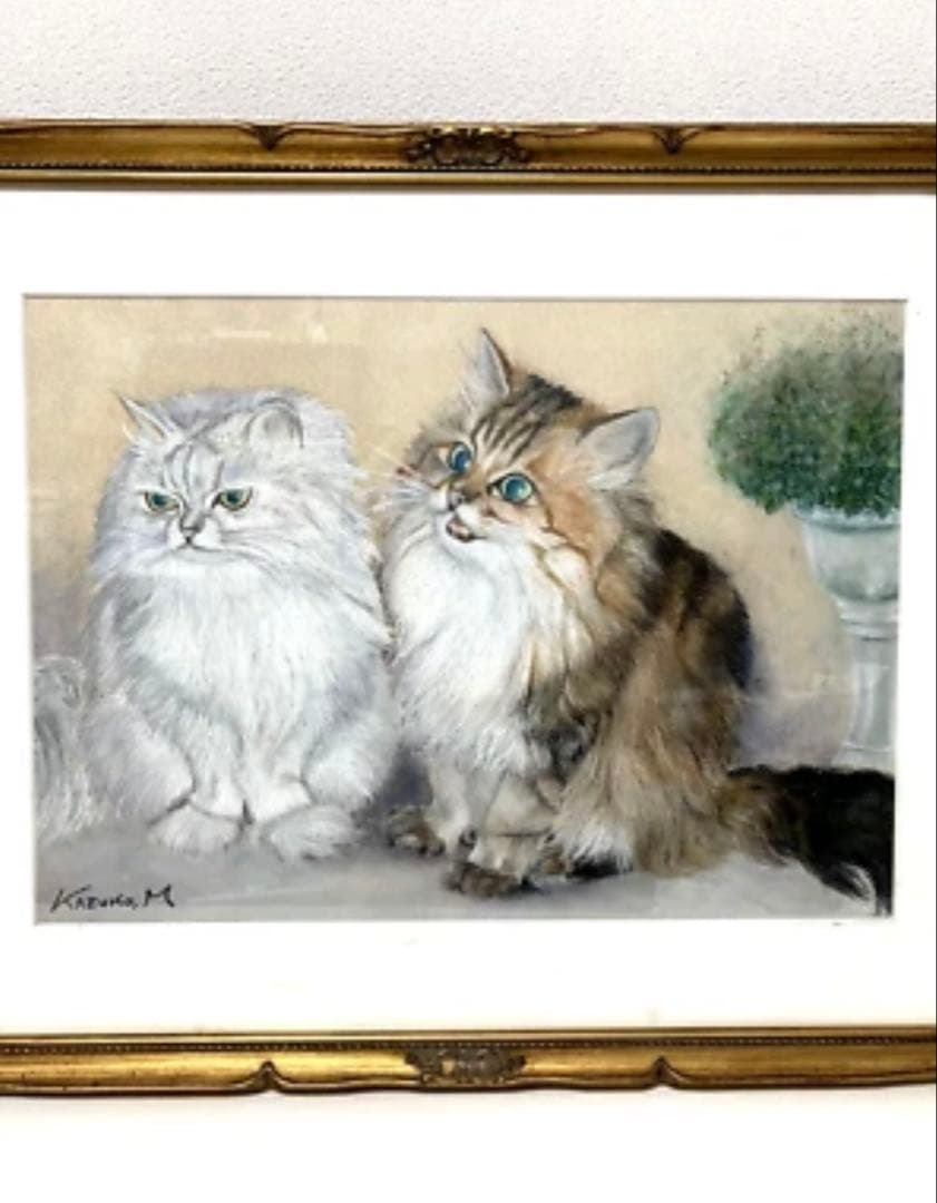 【額装美術品】町田和子 猫 絵画 パステル画 サイン入り 1988作品 求愛 r
