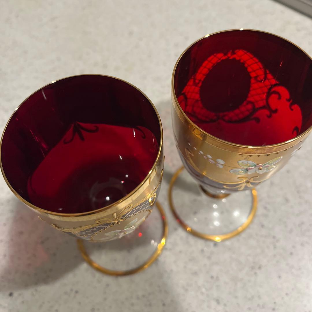 ヴェネツィアグラス　赤と金のガラス製2個セット