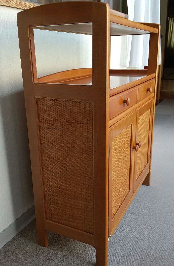 オールドカリモク キャビネット 電話台 収納 棚 ラタン