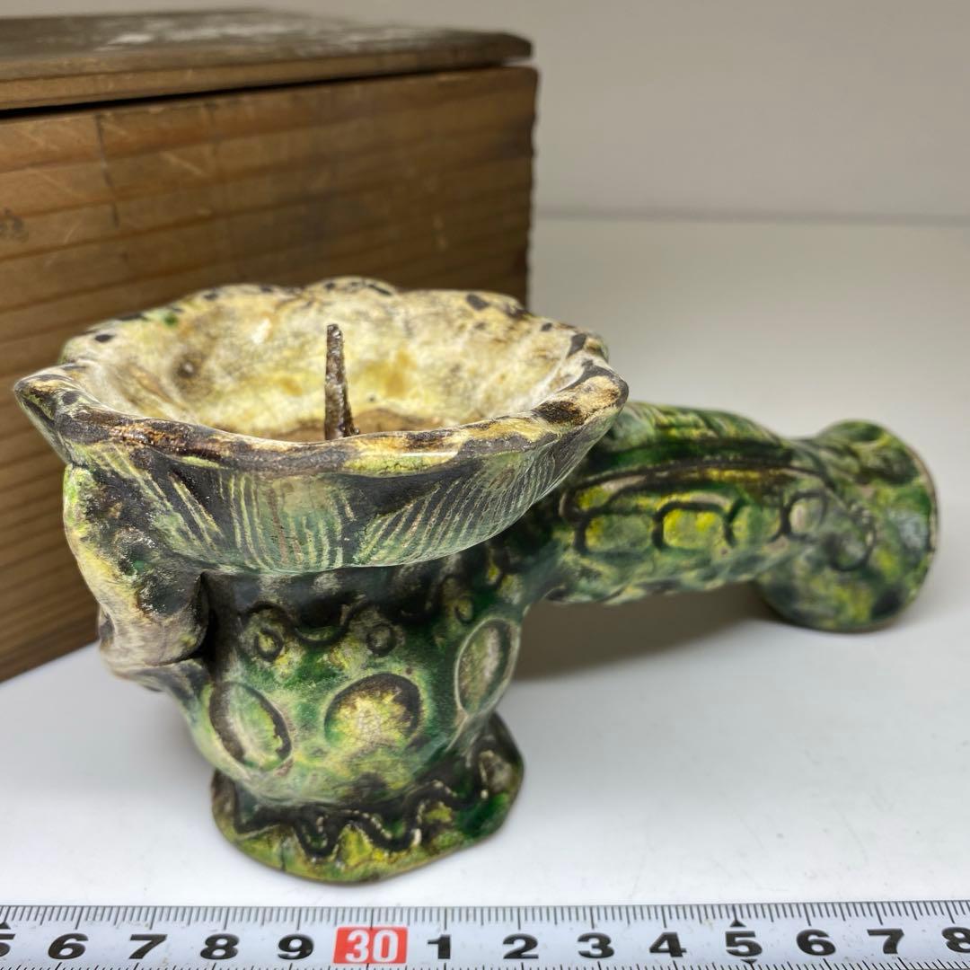 江戸中期　源内焼　蝋燭立　木箱付　長さ14.5㎝ 東Y7-0116☆2Fタルニ