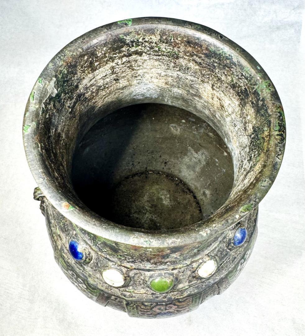 明時代 百整謹製 古銅双耳七宝壺 古美術 花瓶 ウブ品 入手困難 WWST044