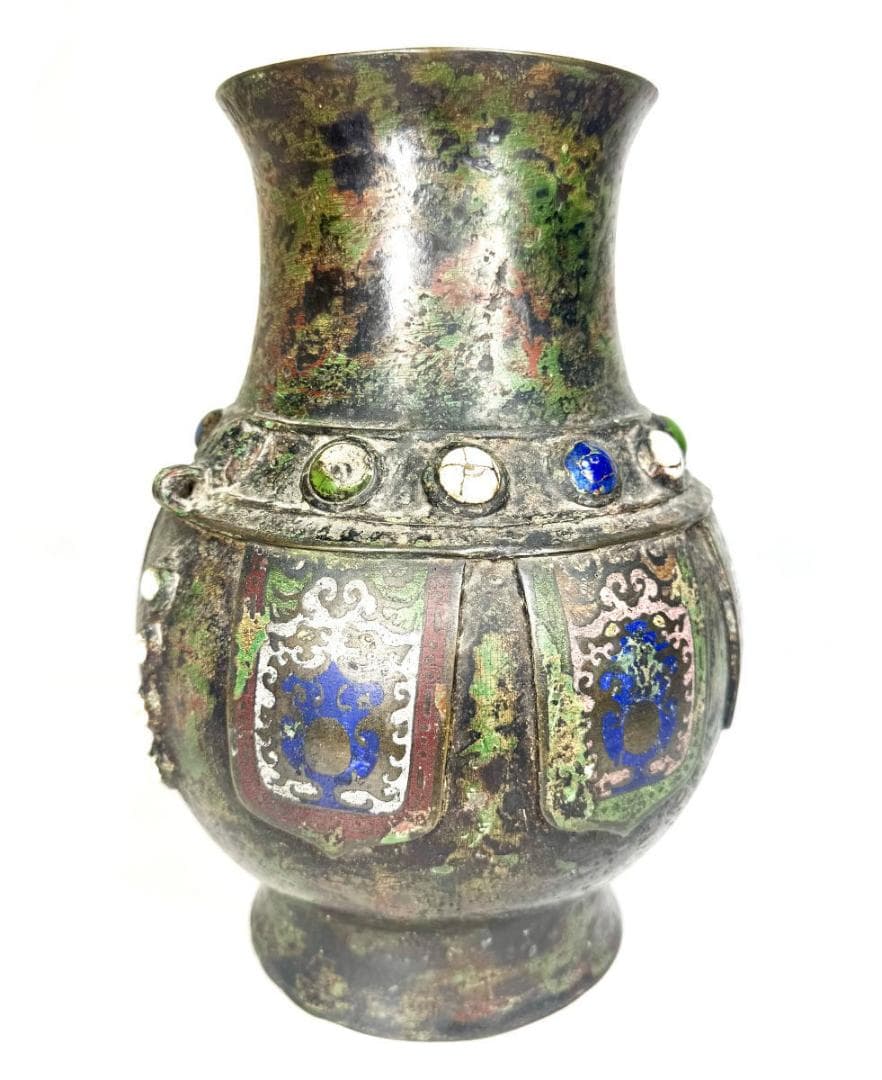 明時代 百整謹製 古銅双耳七宝壺 古美術 花瓶 ウブ品 入手困難 WWST044