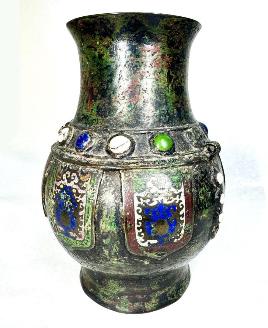 明時代 百整謹製 古銅双耳七宝壺 古美術 花瓶 ウブ品 入手困難 WWST044