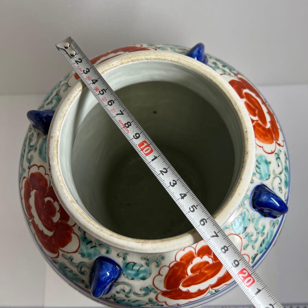 中国古玩　赤絵耳付壷　高さ約32㎝　東Y7-1104①トヒオ