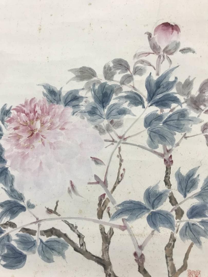 【真作】水田竹圃/牡丹に雀画賛/花鳥図/横物/掛軸/名家伝来/AC-481