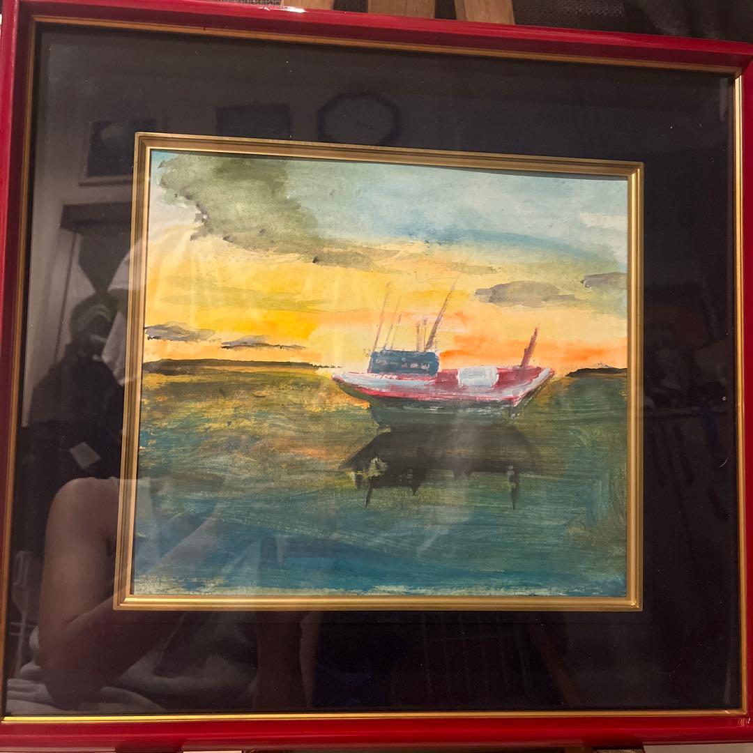 水彩画 ボート 夕焼け　40✖️40