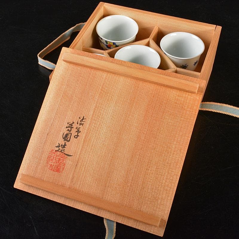 煎茶道具　渋草焼　芳国造　染付赤絵　花鳥文　煎茶碗　五客　共箱　D　R6417