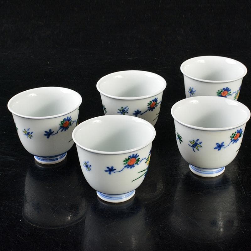 煎茶道具　渋草焼　芳国造　染付赤絵　花鳥文　煎茶碗　五客　共箱　D　R6417