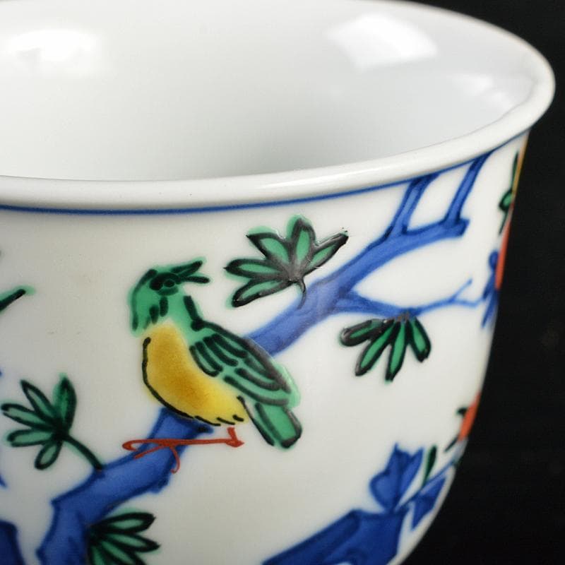 煎茶道具　渋草焼　芳国造　染付赤絵　花鳥文　煎茶碗　五客　共箱　D　R6417