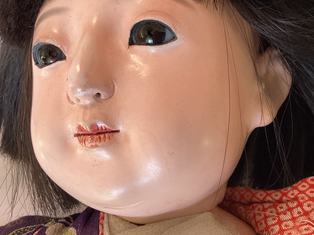 ヴィンテージ市松人形 徳光斎　約40cm 花柄着物　吹子付き　人毛　ガラス眼