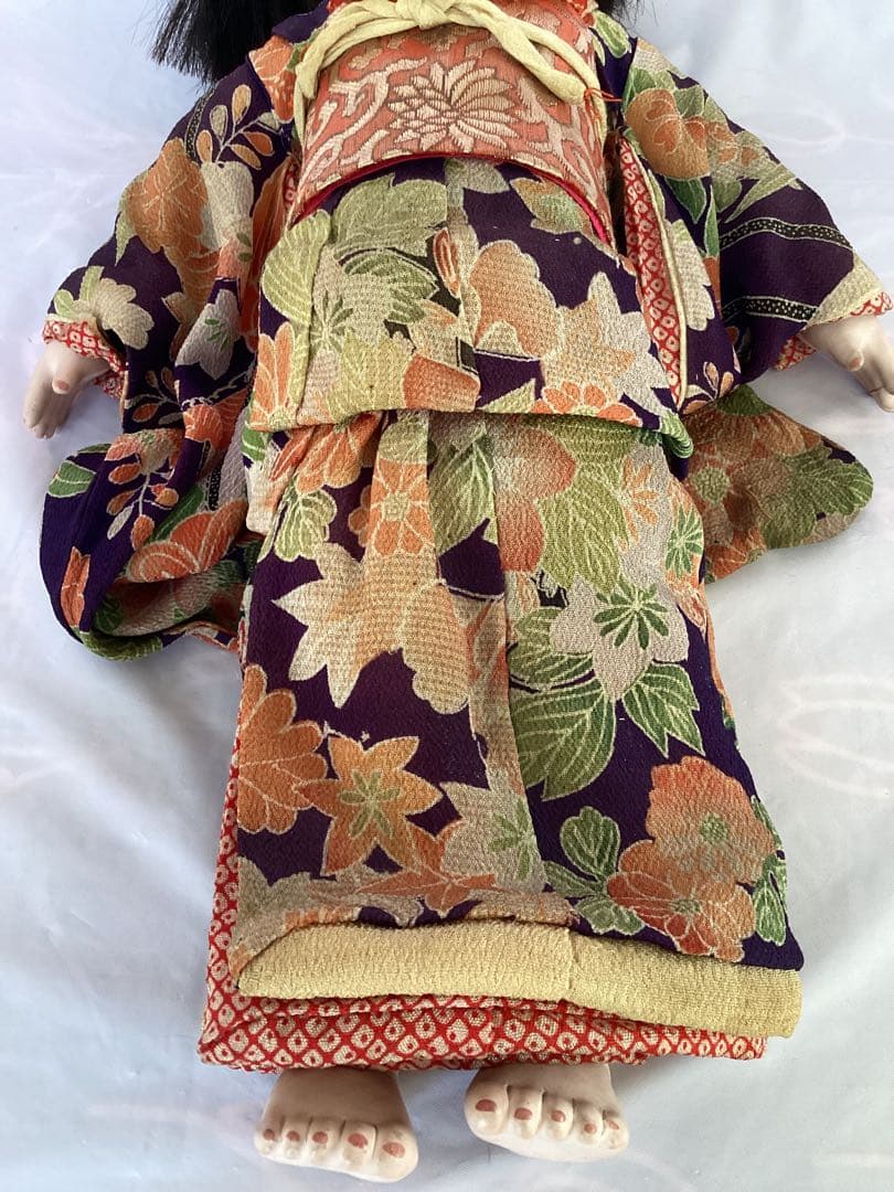 ヴィンテージ市松人形 徳光斎　約40cm 花柄着物　吹子付き　人毛　ガラス眼