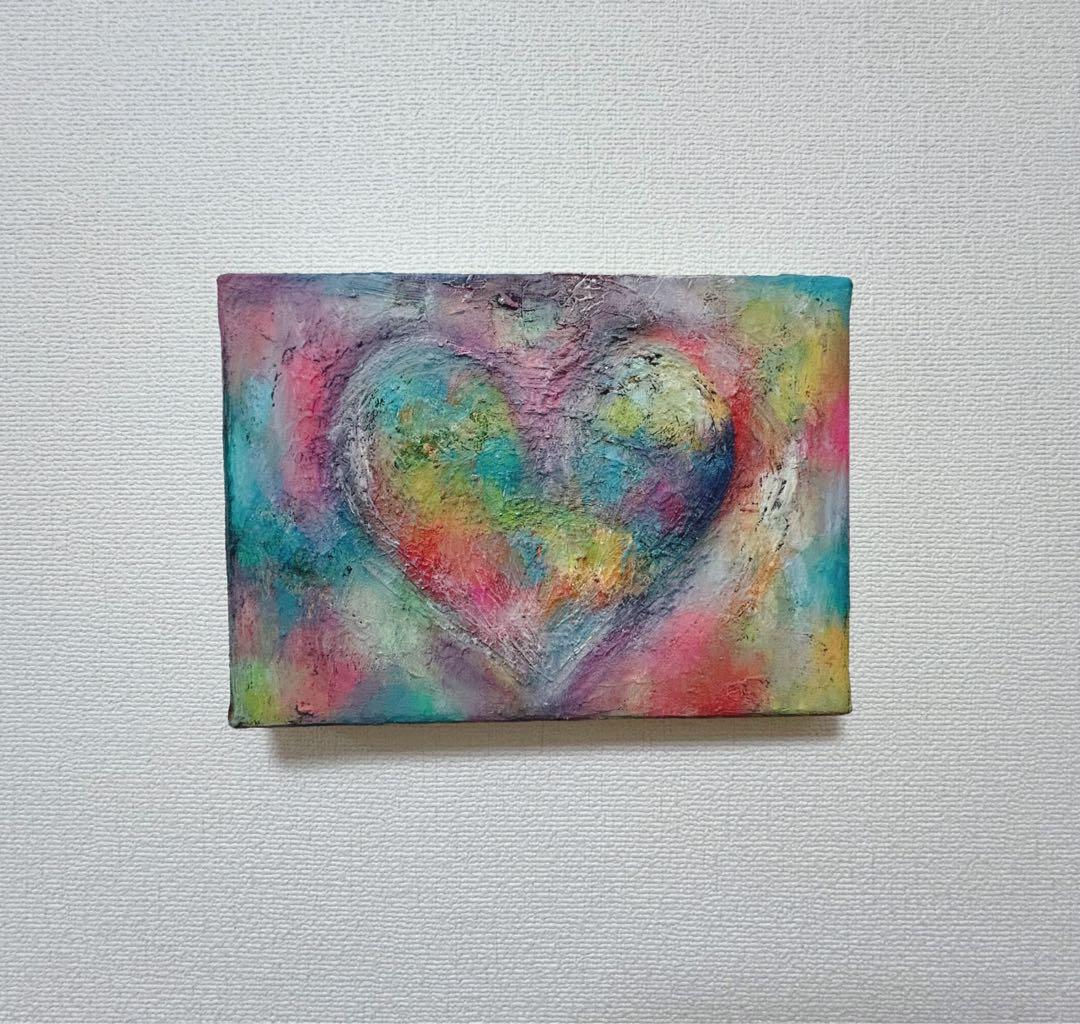 ハートの絵、油絵、原画、インテリア、油彩画、絵画、カラフル、現代アート
