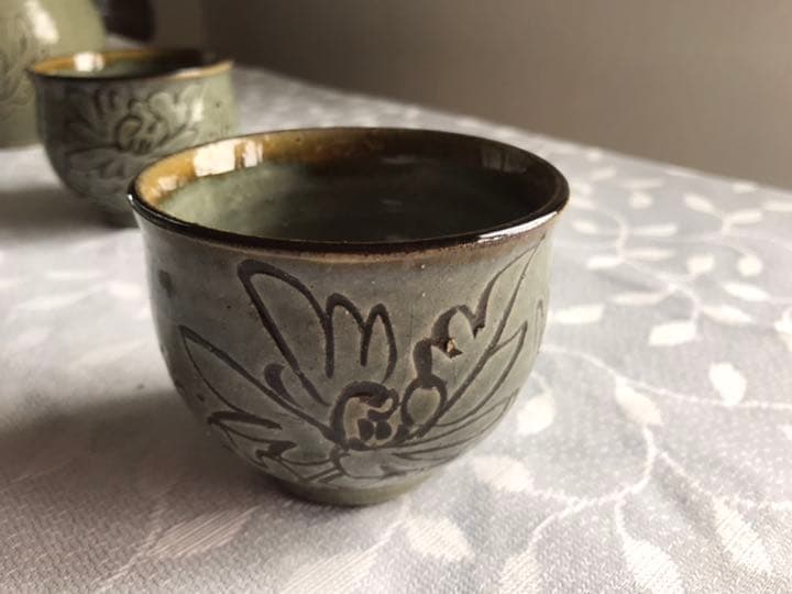 南陶窯　久場政一作　蓋、つる無し急須、茶碗　やちむん