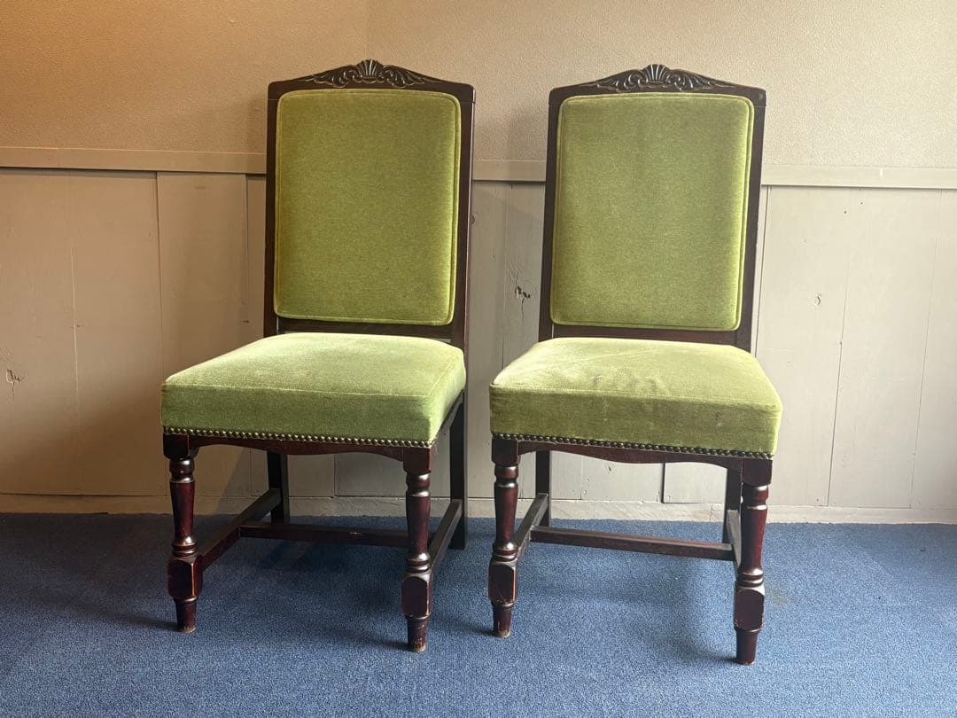 緑色ファブリックの西洋椅子 2脚セット チェア② アンティーク