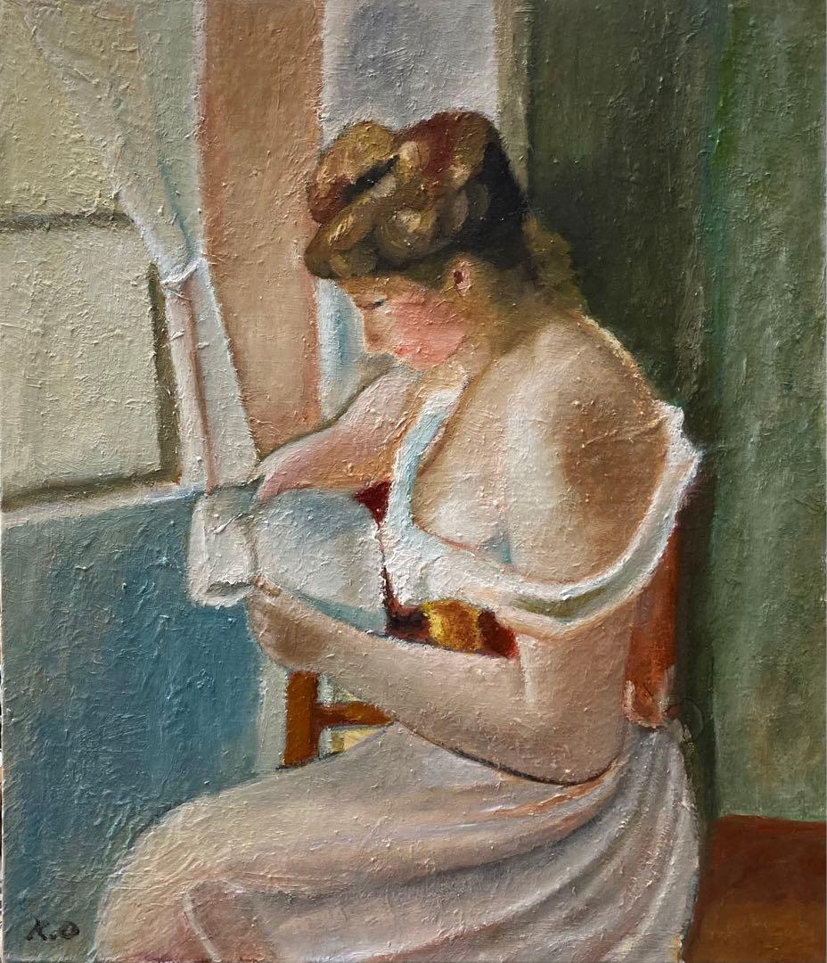 油絵　本を読む少女模写　Ｆ10号　絵画のみ　　　　ルノアール模写