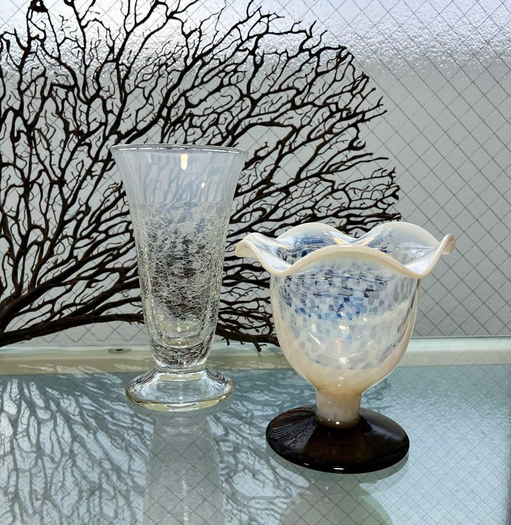 骨董　時代ガラス　希少　氷裂紋　乳白色　反り口　ラッパ型　パフェグラス１客②