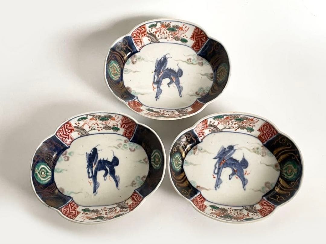 骨董　アンティーク　古伊万里　色絵　麒麟図　木瓜形　変形皿　向付　膾皿　3枚