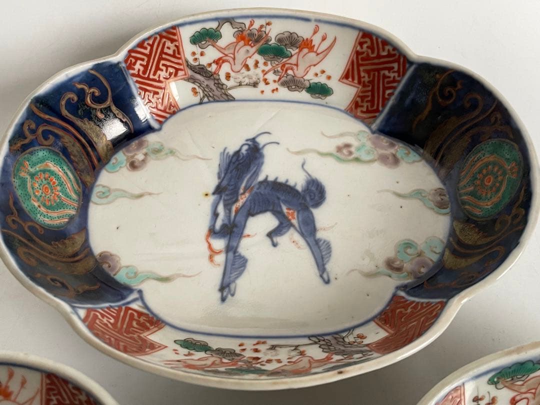 骨董　アンティーク　古伊万里　色絵　麒麟図　木瓜形　変形皿　向付　膾皿　3枚