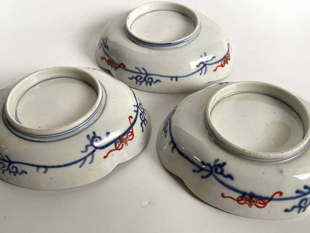 骨董　アンティーク　古伊万里　色絵　麒麟図　木瓜形　変形皿　向付　膾皿　3枚