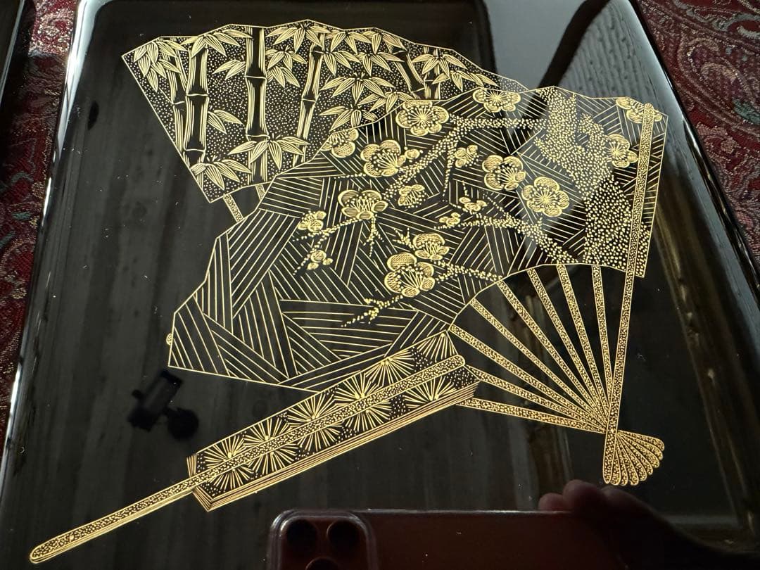 輪島塗（重要無形文化財）沈金二段重箱 重台付 木製共箱付き