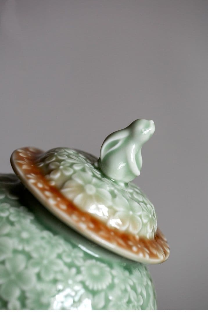 中国美術 茶筒 茶器 茶入れ 茶道具 青磁 花が咲きます似錦お茶の缶