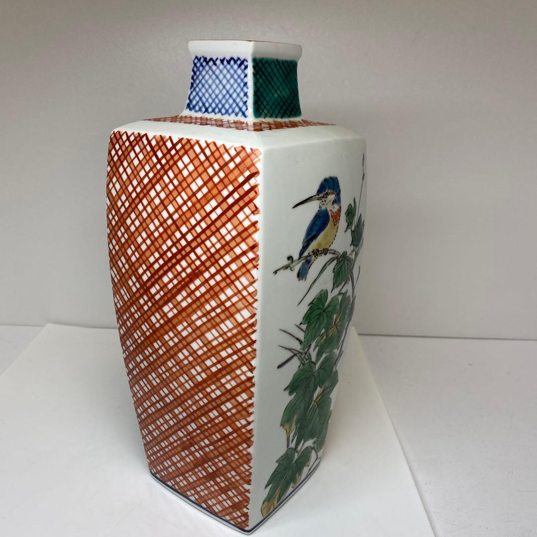 鈴木爽司　色絵花鳥図　角瓶　高さ約29.5㎝　東さ8-0107①