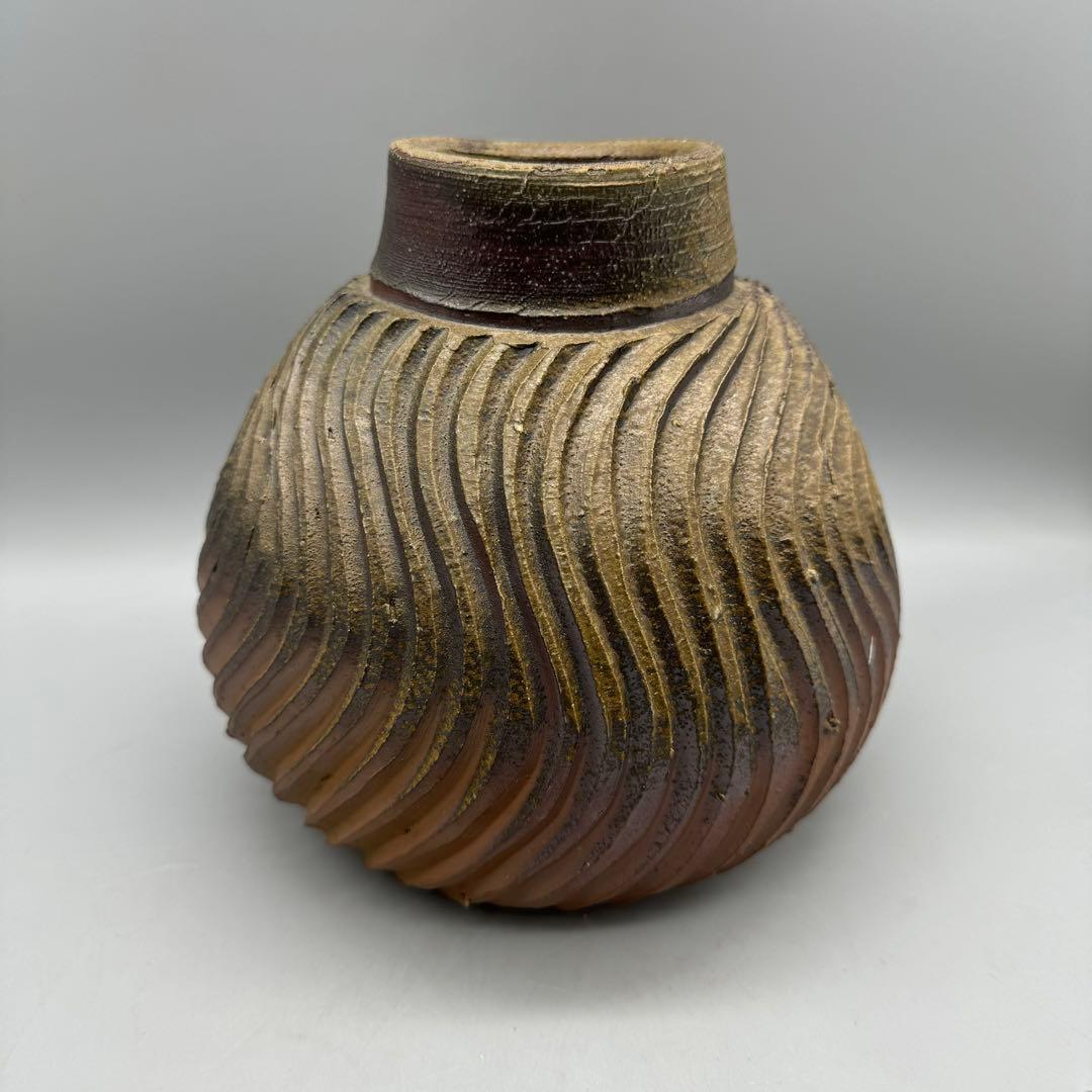 【備前焼 柴岡紘一　扁壺　共箱】花入　骨董　アンティーク　インテリア