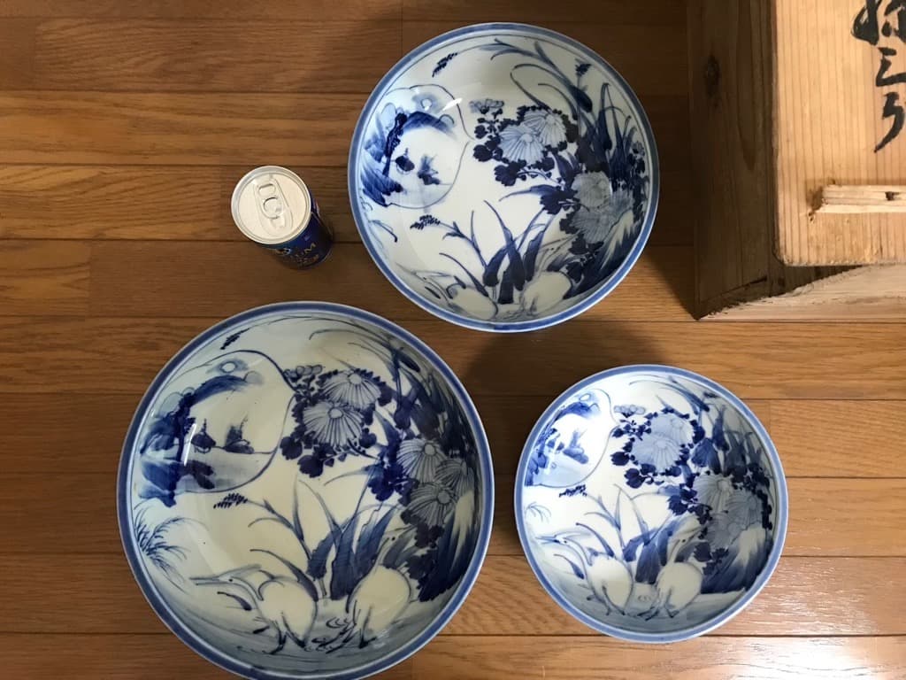 【アンティーク・天保10年】 古伊万里 染付 藍染 三ツ丼 木箱付き