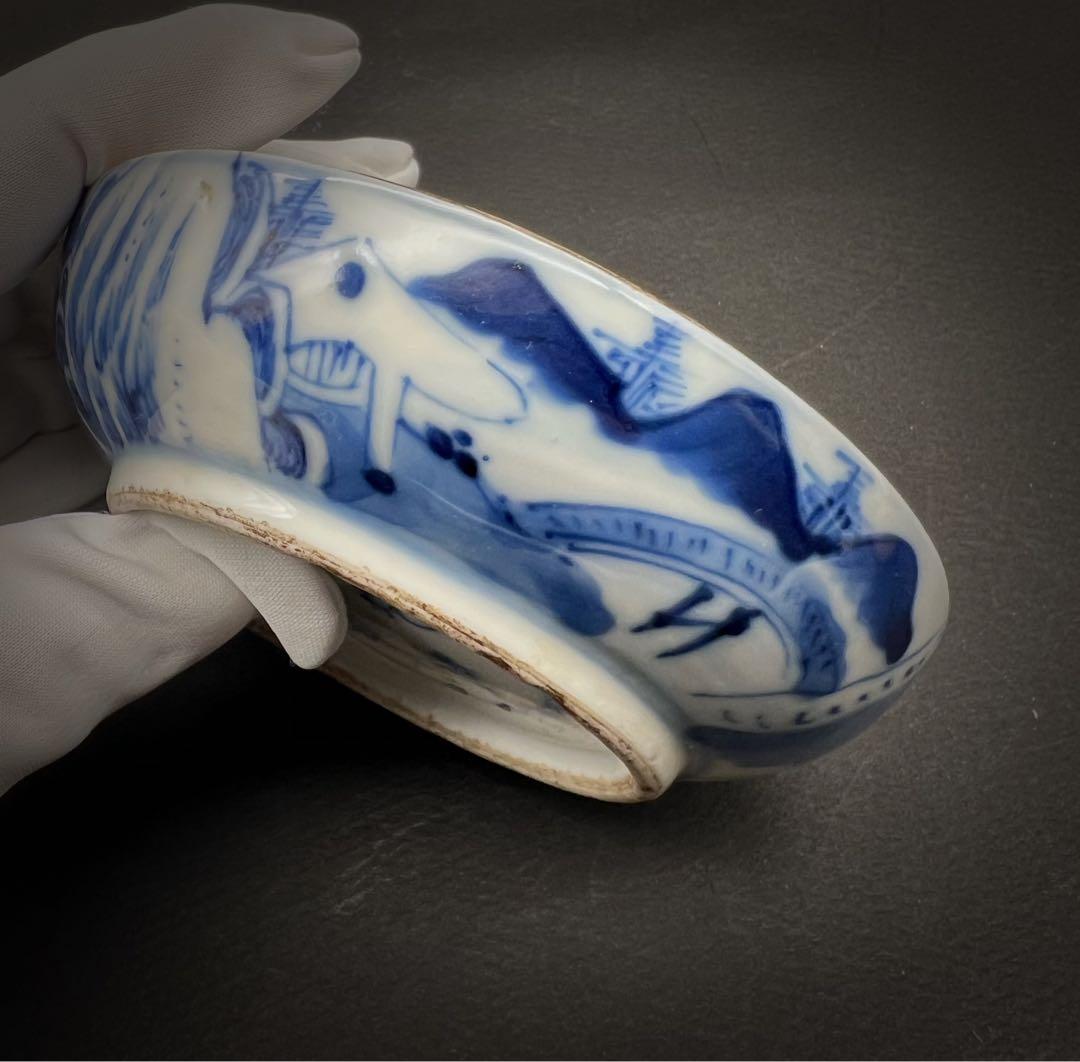 中国美術 古玩 青華染付 乾隆年製 爵禄封侯 山水紋樣 蓋合