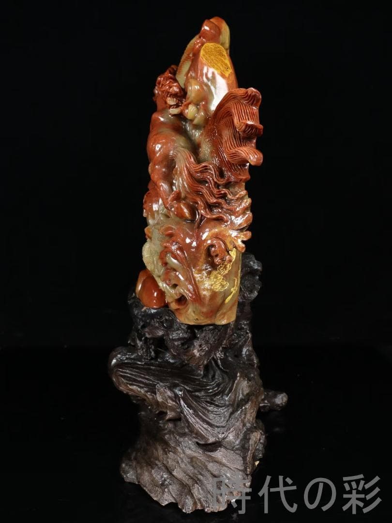 中国古美術 寿山石高山石 龍馬精神 巧色鏤空 重器 細密彫 手彫り 在銘 擺件