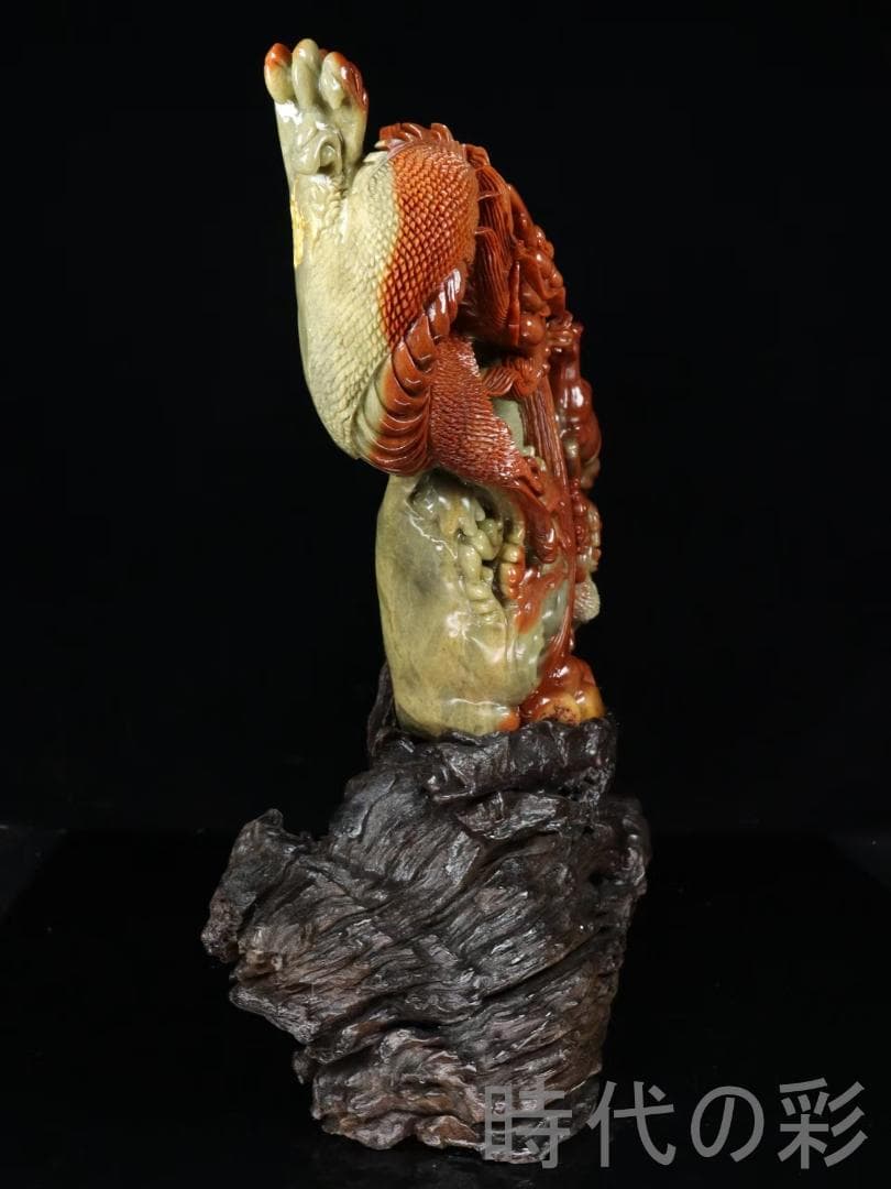 中国古美術 寿山石高山石 龍馬精神 巧色鏤空 重器 細密彫 手彫り 在銘 擺件
