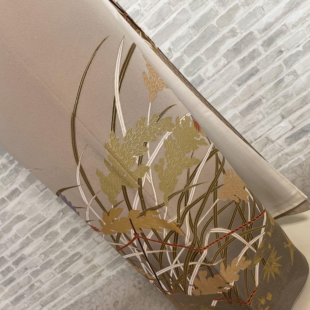 色留袖　フルセット　稲穂　鳥　丸に三つ柏　金駒　金彩　五つ紋　比翼仕立て　L3