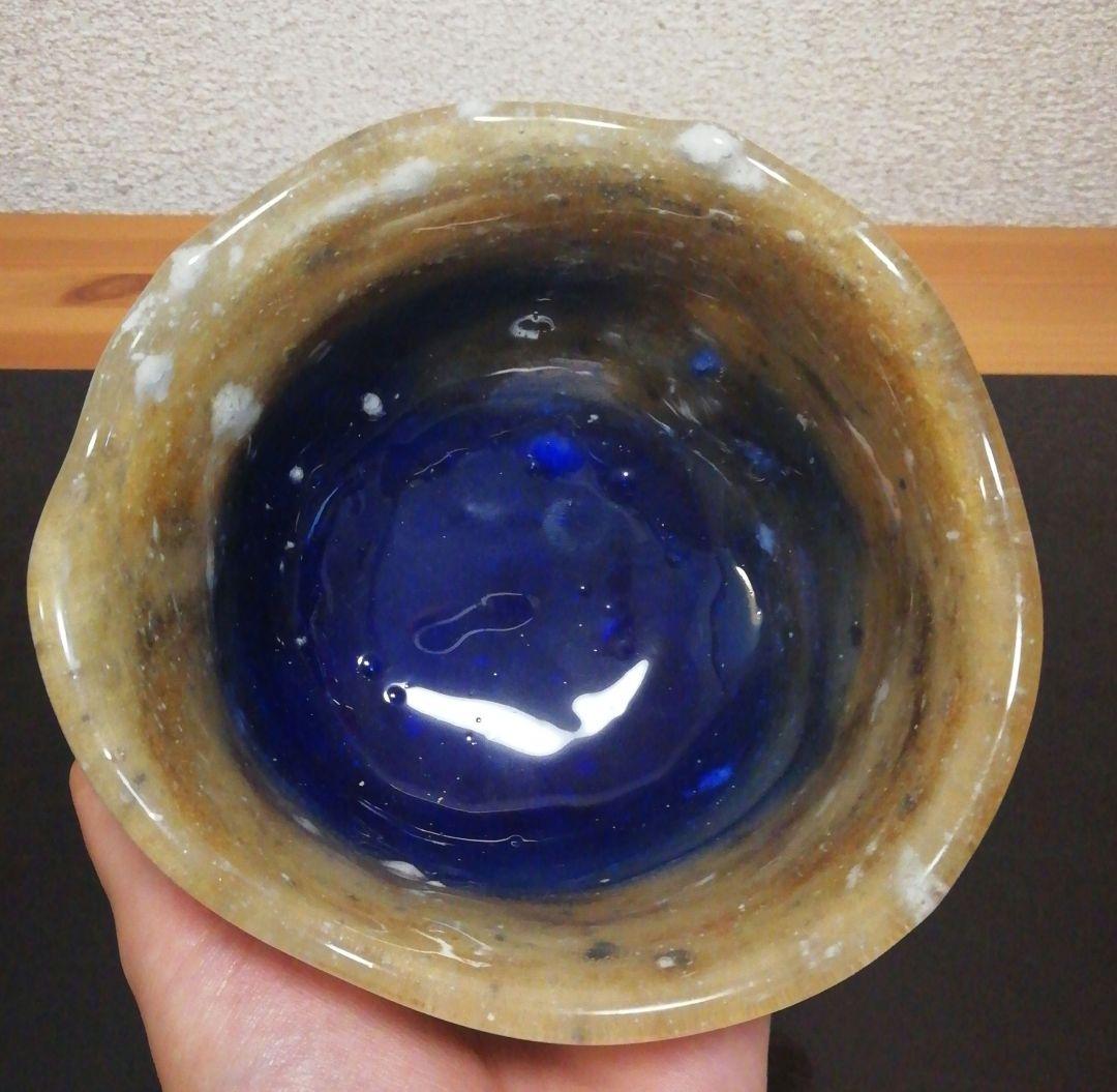 稲嶺盛吉作　琉球ガラス　瑠璃礁　茶碗　共箱　略歴付　茶道具