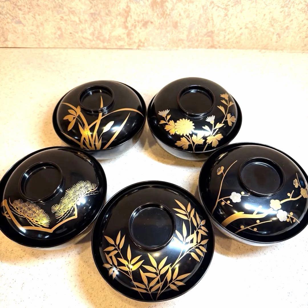 象彦 漆器 吸物椀 5客セット 黒塗 金蒔絵 昭和レトロ 五柄揃い ※1客訳あり