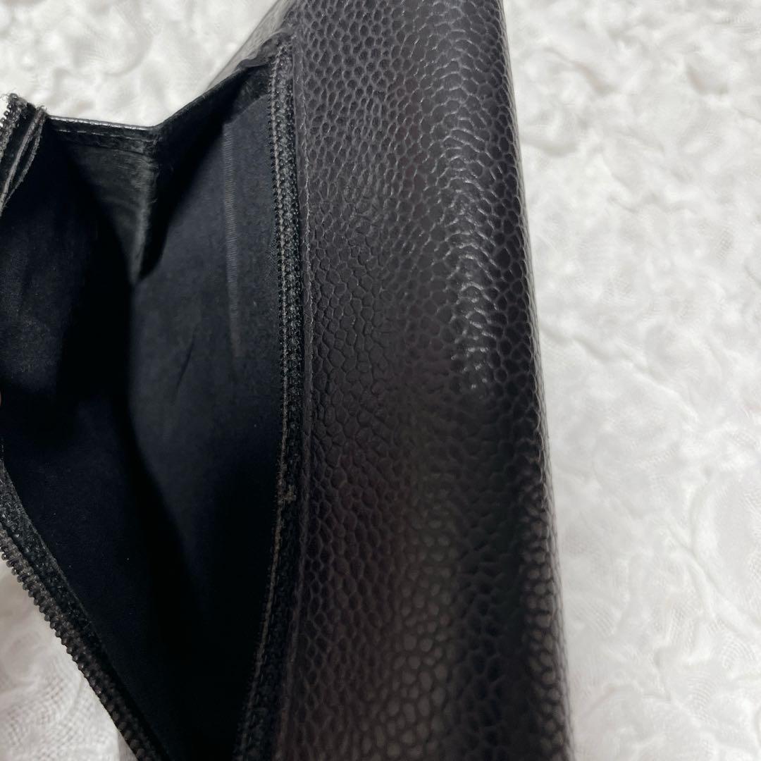 CHANEL ブラック　レザー 三つ折り財布　キャビアスキン　ギャランティカード