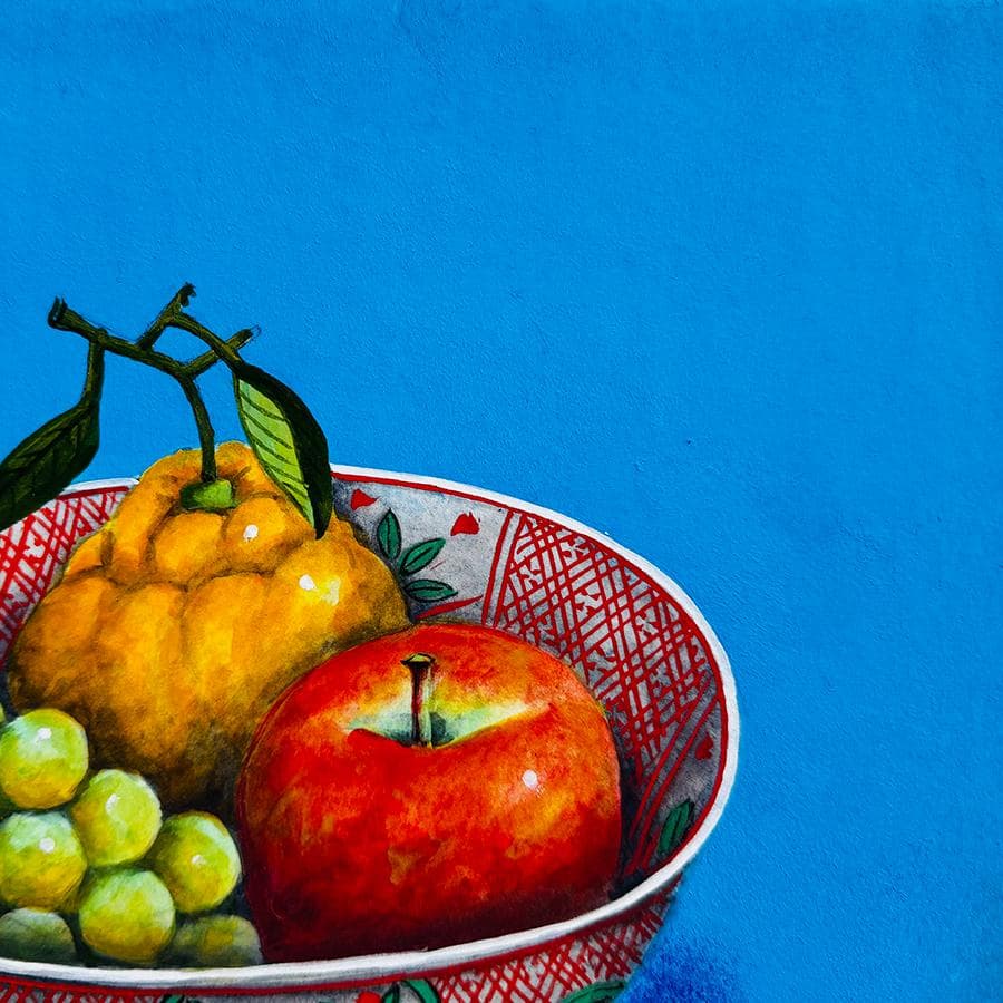 実力作家 五十川昇乗「 静物」日本画 8号 縦32cm 横41cm 果物