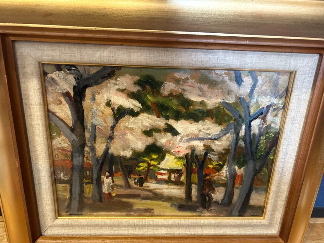 桜の風景 油彩画 金色フレーム
