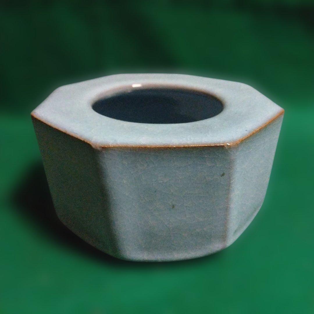 青い八角形陶器容器 木箱付き　木村盛伸　釣青釉面取　器