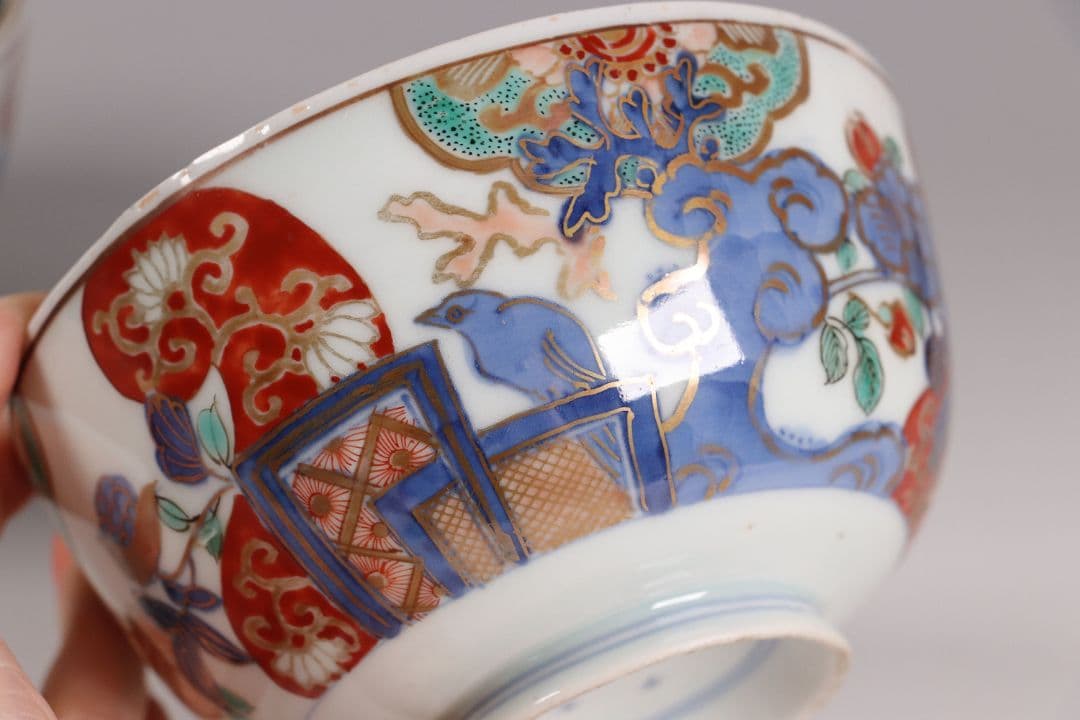 古伊万里 色絵蓋茶碗 五客 太宣年成 花鳥 錦手 染錦 赤絵 金彩 CK61