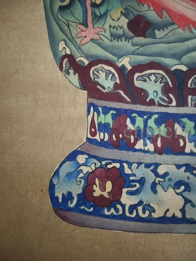 中国古美術 近代 絹本手描き 郎世寧 博古瓶図 三尺 牙軸 肉筆 古玩 中堂画