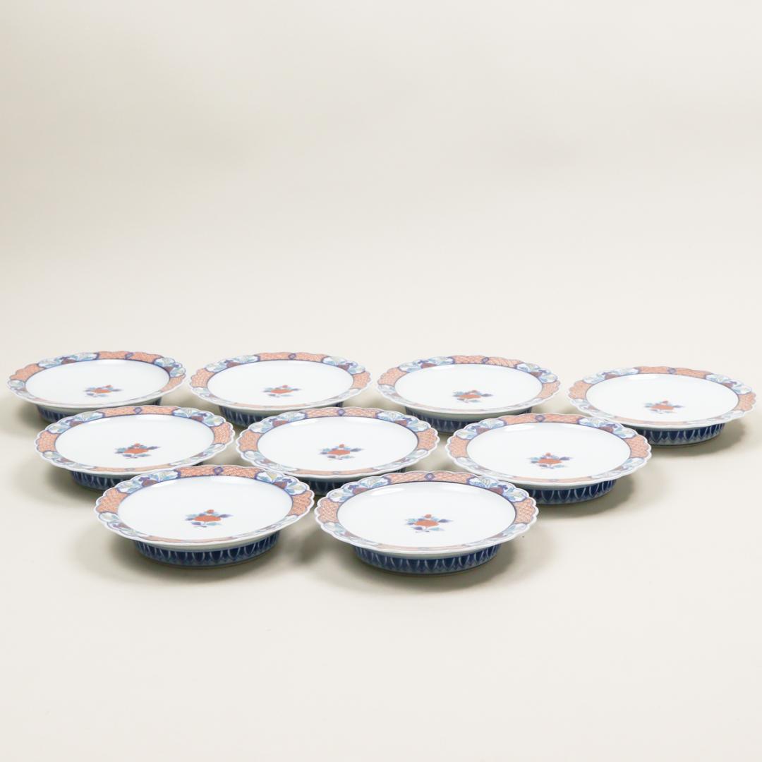 今泉今右衛門 色鍋島渕地紋銘々皿 9客 高台皿