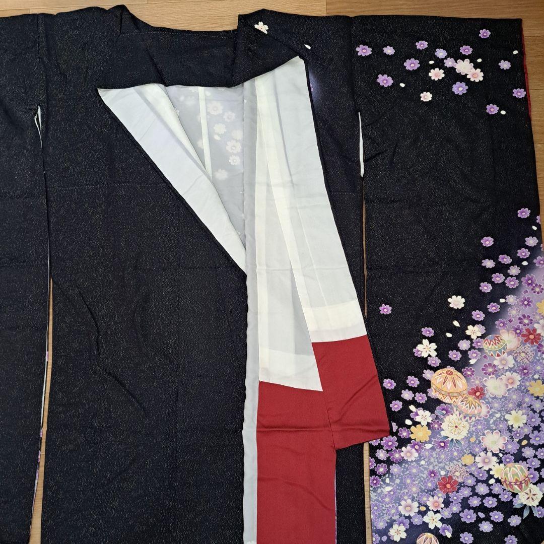 新品同様に近い フルセット 正絹振袖 黒地ラメ入りに紫桜柄 成人式 卒業式に最適