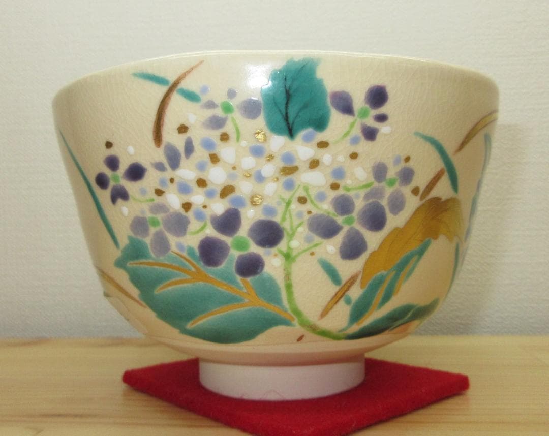 送料込【逢絢亭・新品】茶道具 茶碗 京焼 紫陽花の絵 花蝶窯 手塚石雲 共箱入り